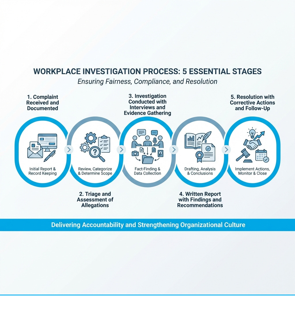 Infographic Showing 5 Stages Of Workplace Investigation Process: 1. Complaint Received And Documented, 2. Triage And Assessment Of Allegations, 3. Investigation Conducted With Interviews And Evidence Gathering, 4. Written Report With Findings And Recommendations, 5. Resolution With Corrective Actions And Follow-Up - Workplace Investigations Infographic Infographic Showing 5 Stages Of Workplace Investigation Process: 1. Complaint Received And Documented, 2. Triage And Assessment Of Allegations, 3. Investigation Conducted With Interviews And Evidence Gathering, 4. Written Report With Findings And Recommendations, 5. Resolution With Corrective Actions And Follow-Up - Workplace Investigations Infographic
