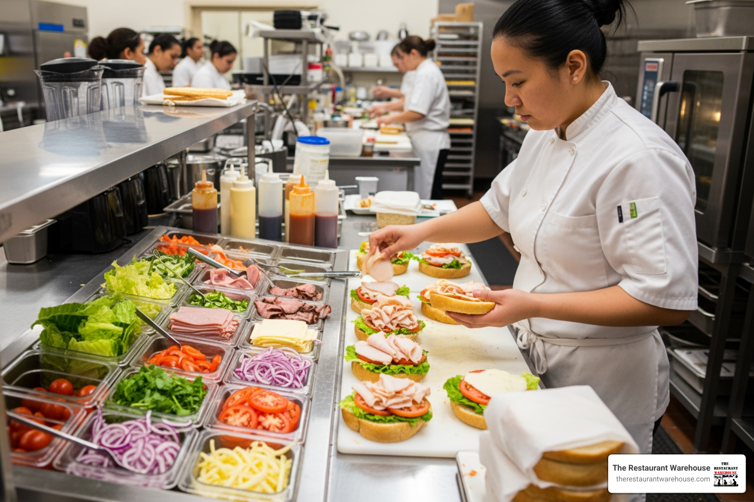 A busy but organized kitchen staff member quickly assembling sandwiches at a prep station - sandwich prep station