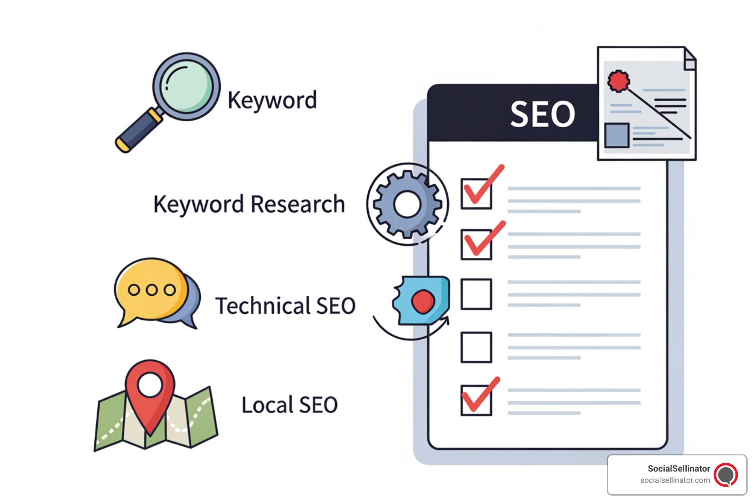 A stylized checklist with various SEO service icons, including a magnifying glass for keyword research, a gear for technical SEO, a speech bubble for content, and a map pin for local SEO. - seo management near me