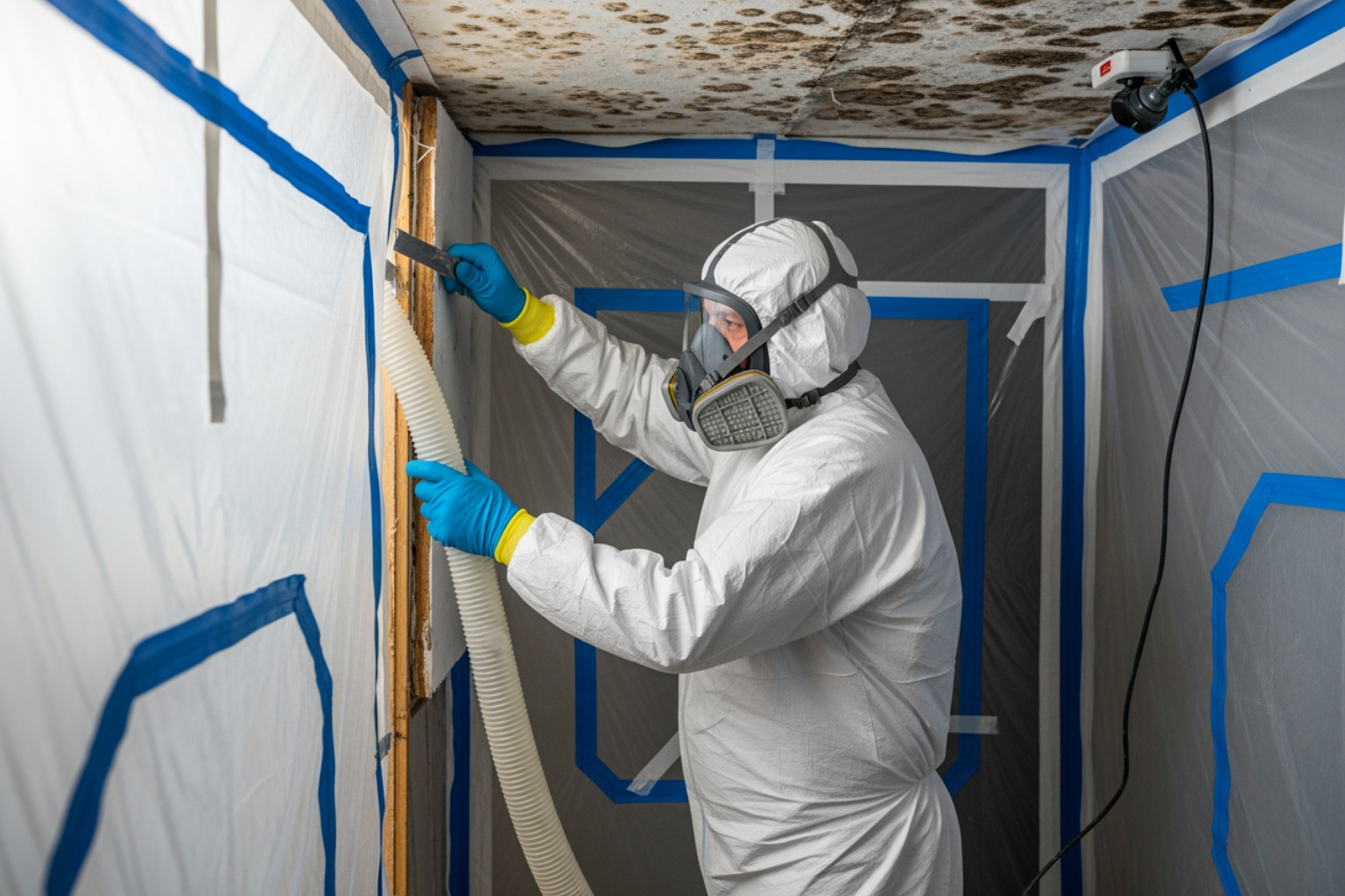 Image Of A Mold Remediation Professional In Protective Gear, Working Within A Contained Area With Negative Air Pressure Tubing, Removing Mold-Contaminated Materials - Mold Assessment Near Me
