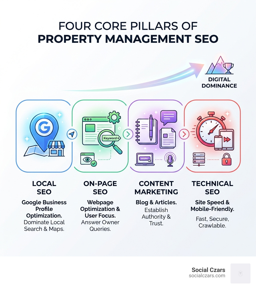 Infographic showing the four core pillars of property management SEO: Local SEO with Google Business Profile icon, On-Page SEO with webpage optimization symbol, Content Marketing with blog and article icons, and Technical SEO with site speed and mobile device graphics - seo for property management infographic Infographic showing the four core pillars of property management SEO: Local SEO with Google Business Profile icon, On-Page SEO with webpage optimization symbol, Content Marketing with blog and article icons, and Technical SEO with site speed and mobile device graphics - seo for property management infographic