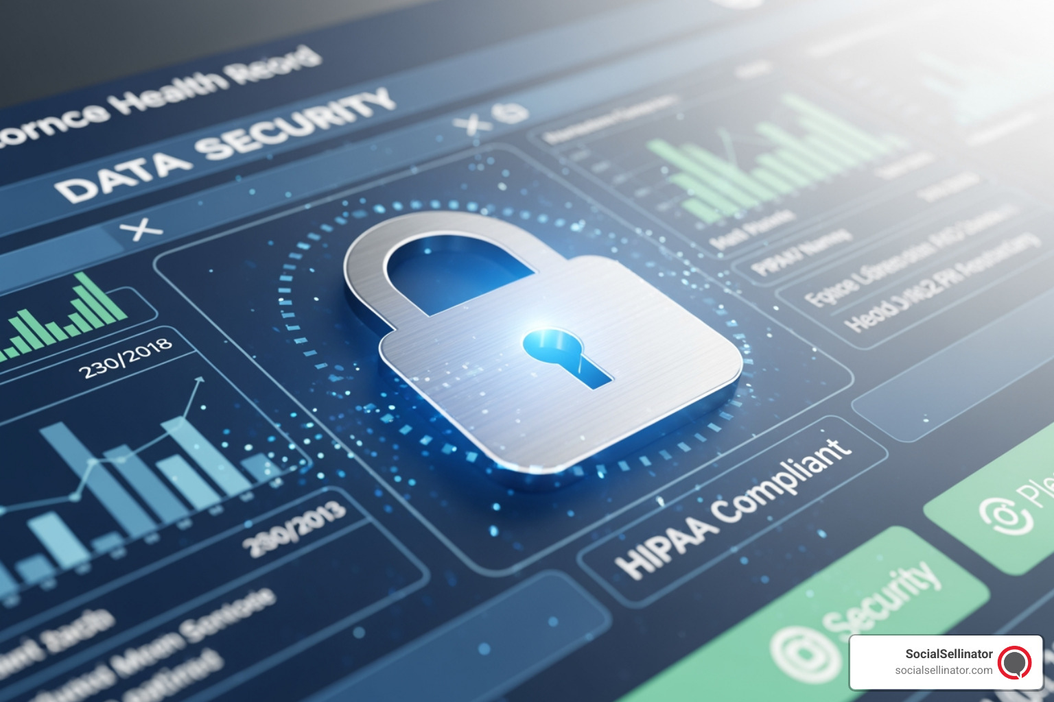 A digital padlock icon superimposed over a stylized electronic health record, illustrating the importance of HIPAA compliance and data security in digital marketing for doctors. - Digital marketing for doctors A digital padlock icon superimposed over a stylized electronic health record, illustrating the importance of HIPAA compliance and data security in digital marketing for doctors. - Digital marketing for doctors