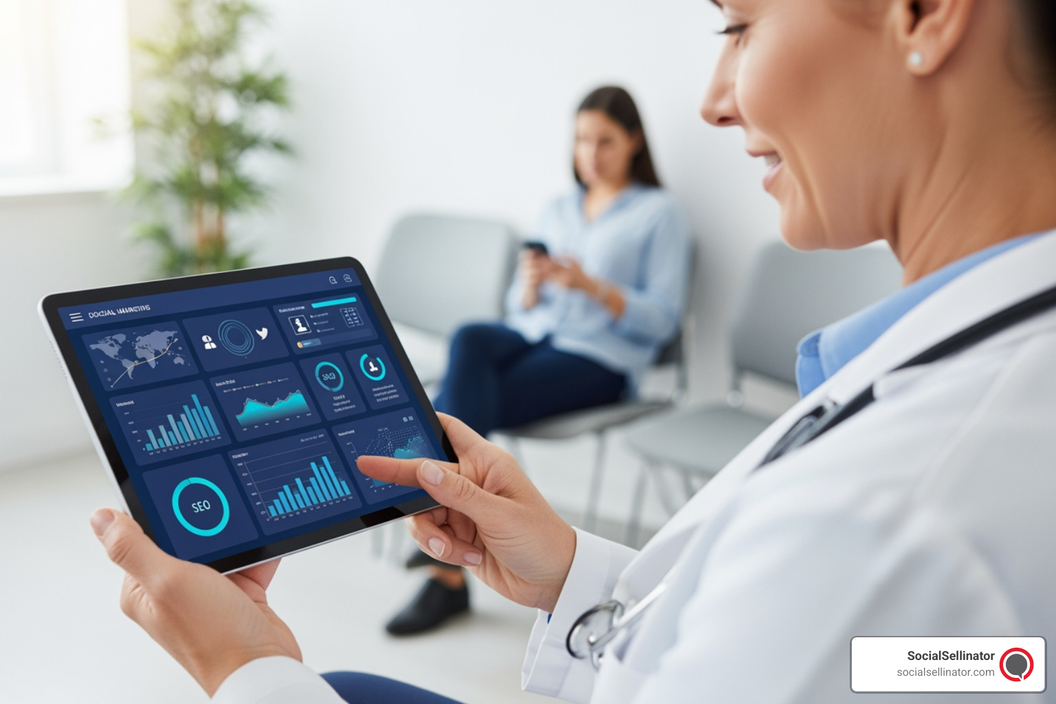 A digital composite showing a professional medical website, a 5-star Google Business Profile, and an engaging social media feed, representing a comprehensive digital marketing strategy for doctors. - Digital marketing for doctors A digital composite showing a professional medical website, a 5-star Google Business Profile, and an engaging social media feed, representing a comprehensive digital marketing strategy for doctors. - Digital marketing for doctors