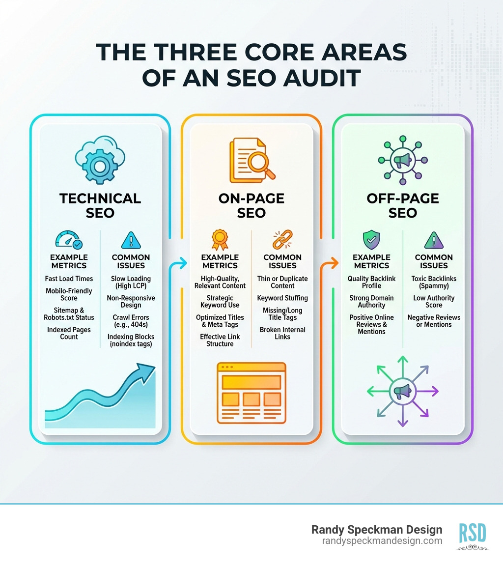 Infographic showing the three core areas of an SEO audit: Technical SEO (including site speed, mobile-friendliness, crawlability, and indexing), On-Page SEO (including content quality, keyword optimization, title tags, and internal linking), and Off-Page SEO (including backlink profile, domain authority, and online reputation). Each area shows example metrics and common issues found during audits. - SEO audit services infographic 