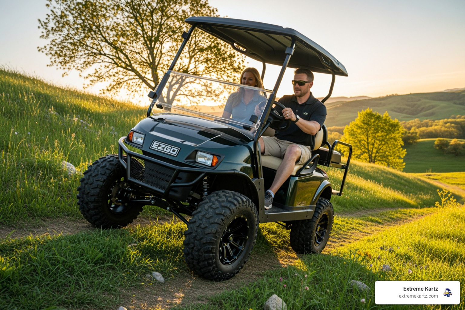 Upgraded EZGO golf cart easily climbing a steep, grassy hill with a driver and passenger - ezgo ac conversion kit