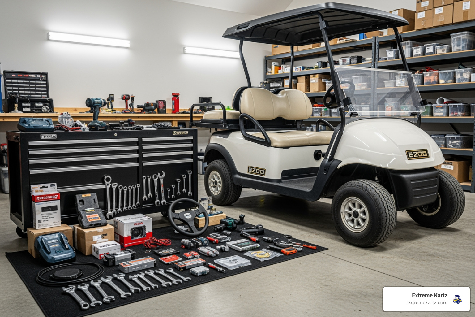 EZGO TXT golf cart in garage - navitas ac conversion kit ezgo txt