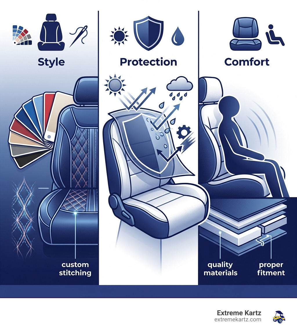 Infographic showing the top three benefits of custom golf seat covers: Style (personalize your cart with 40+ colors and custom stitching), Protection (marine-grade vinyl shields seats from UV rays, moisture, and daily wear), and Comfort (quality materials and proper fitment improve the riding experience) - Custom golf seat covers infographic 