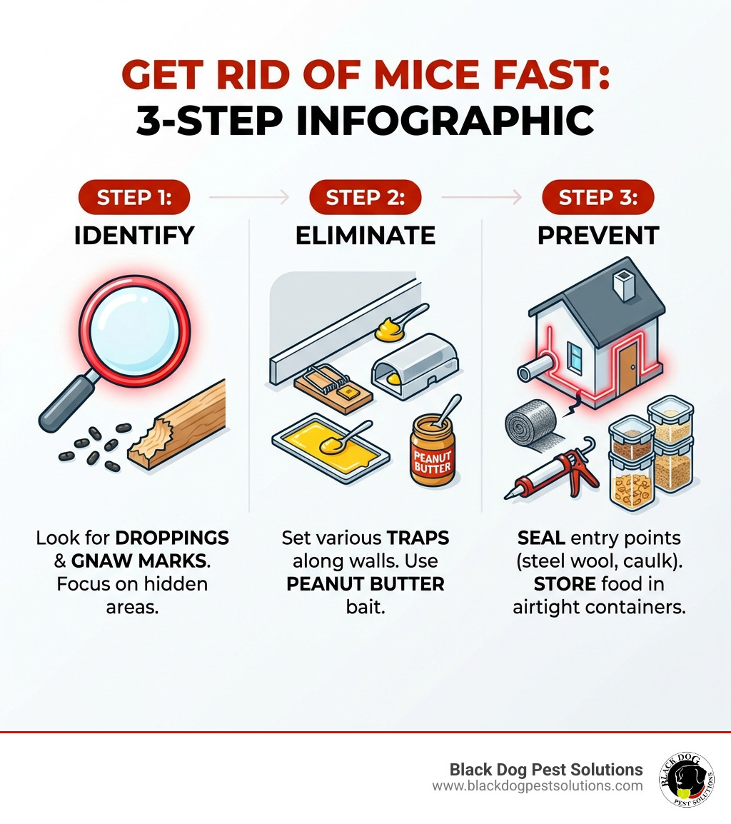 Infographic showing three steps to get rid of mice fast: Step 1 Identify shows mouse droppings and gnaw marks with magnifying glass, Step 2 Eliminate shows various types of traps placed along walls with peanut butter bait, Step 3 Prevent shows a house with sealed entry points using steel wool and caulk, plus food stored in airtight containers - get rid of mice fast infographic Infographic showing three steps to get rid of mice fast: Step 1 Identify shows mouse droppings and gnaw marks with magnifying glass, Step 2 Eliminate shows various types of traps placed along walls with peanut butter bait, Step 3 Prevent shows a house with sealed entry points using steel wool and caulk, plus food stored in airtight containers - get rid of mice fast infographic