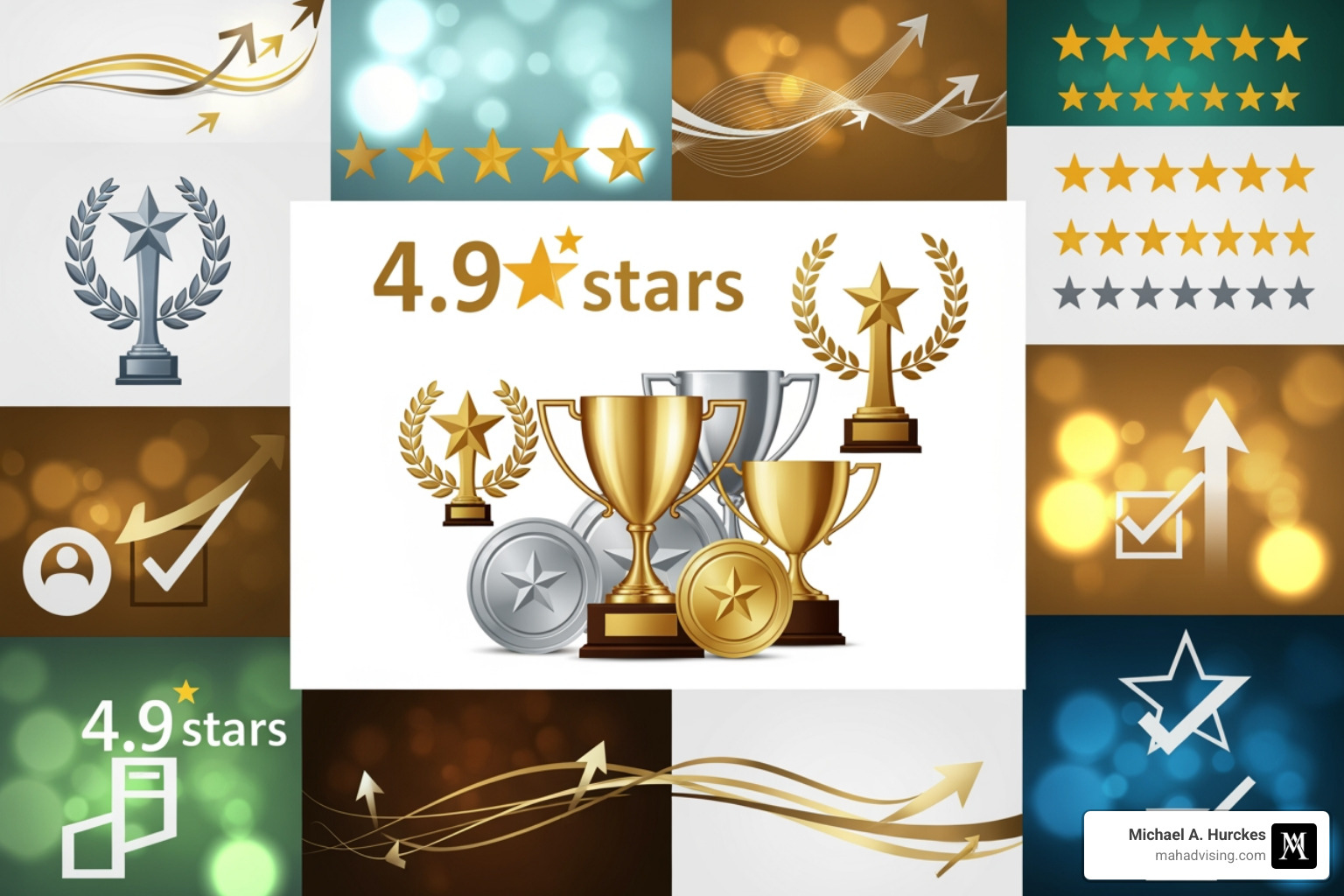 Collage of client award logos, positive star ratings, and testimonial snippets - Michael Hurckes Reviews