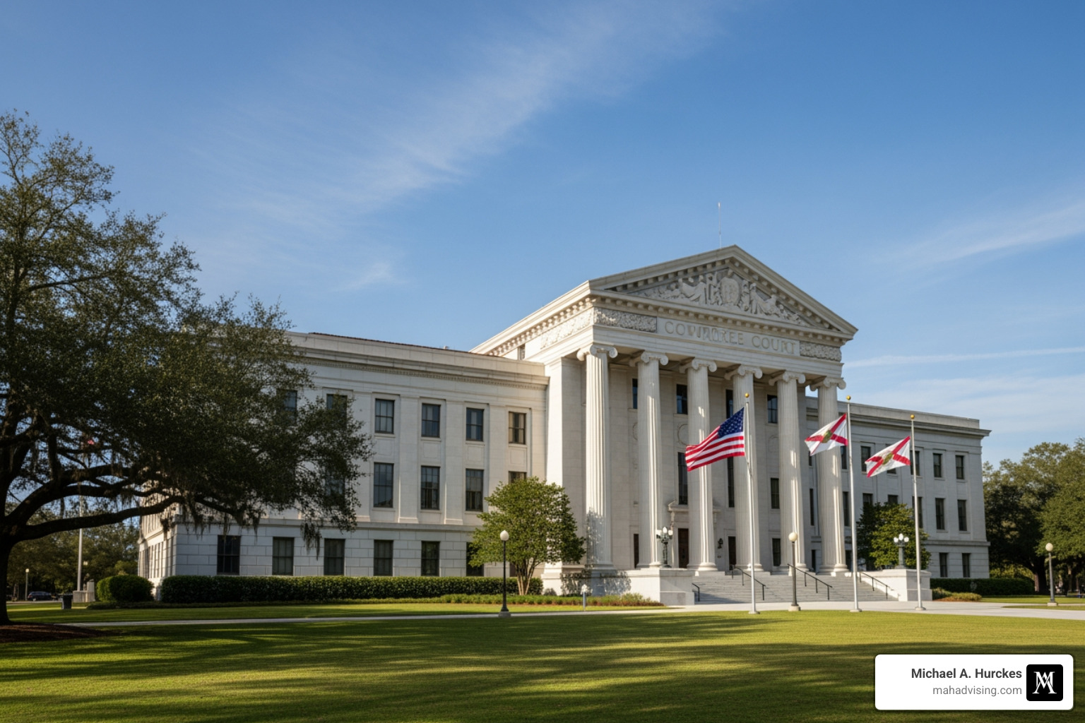 Florida Supreme Court building with American and Florida state flags, representing the legal framework relevant to the Florida Bar complaint process, emphasizing ethical standards and attorney regulation.
