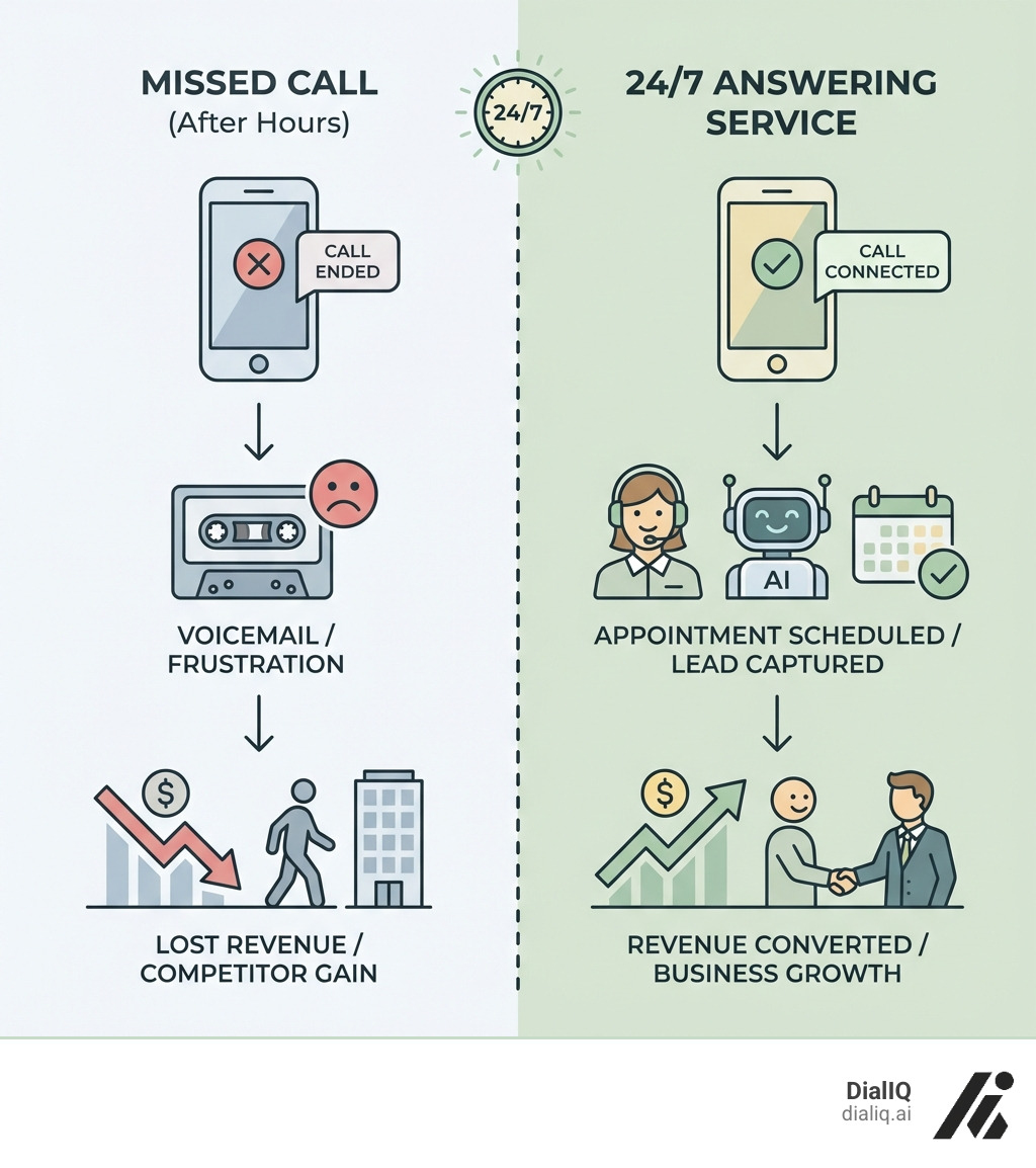 Infographic comparing two customer journeys: Left side shows a missed call leading to voicemail, customer frustration, and lost revenue; Right side shows a 24/7 answering service capturing the call, scheduling an appointment, and converting the lead into revenue - 247 telephone answering service infographic 