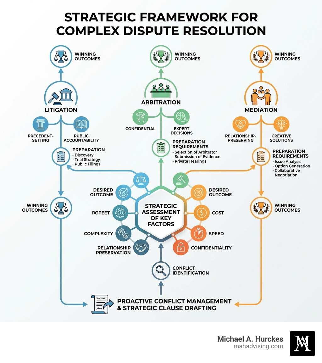 Infographic showing the strategic decision-making framework for complex dispute resolution: starting with conflict identification, moving through a strategic assessment of key factors (desired outcome, cost, speed, confidentiality, relationship preservation, complexity), then branching into three main paths - litigation for precedent-setting and public accountability, arbitration for confidential expert decisions, and mediation for relationship-preserving creative solutions, with each path showing preparation requirements and leading to winning outcomes, all anchored by proactive conflict management and strategic clause drafting - complex dispute resolution infographic Infographic showing the strategic decision-making framework for complex dispute resolution: starting with conflict identification, moving through a strategic assessment of key factors (desired outcome, cost, speed, confidentiality, relationship preservation, complexity), then branching into three main paths - litigation for precedent-setting and public accountability, arbitration for confidential expert decisions, and mediation for relationship-preserving creative solutions, with each path showing preparation requirements and leading to winning outcomes, all anchored by proactive conflict management and strategic clause drafting - complex dispute resolution infographic