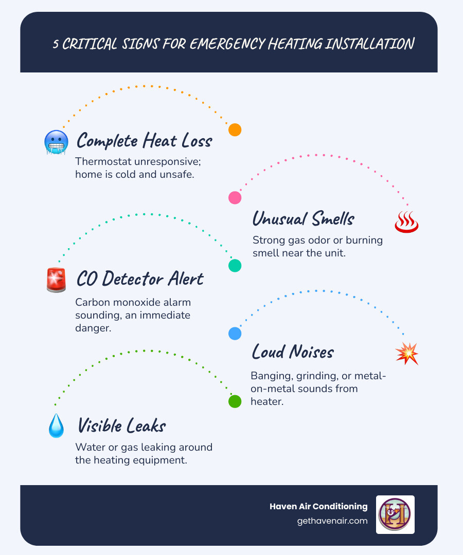 Infographic showing 5 critical signs you need emergency heating installation: 1. Complete loss of heat with thermostat unresponsive, 2. Strong gas odor or burning smell near the unit, 3. Carbon monoxide detector sounding an alarm, 4. Loud banging grinding or metal-on-metal noises, 5. Visible water or gas leaks around heating equipment - emergency heating installation in anaheim, ca infographic infographic-line-5-steps-blues-accent_colors Infographic showing 5 critical signs you need emergency heating installation: 1. Complete loss of heat with thermostat unresponsive, 2. Strong gas odor or burning smell near the unit, 3. Carbon monoxide detector sounding an alarm, 4. Loud banging grinding or metal-on-metal noises, 5. Visible water or gas leaks around heating equipment - emergency heating installation in anaheim, ca infographic infographic-line-5-steps-blues-accent_colors