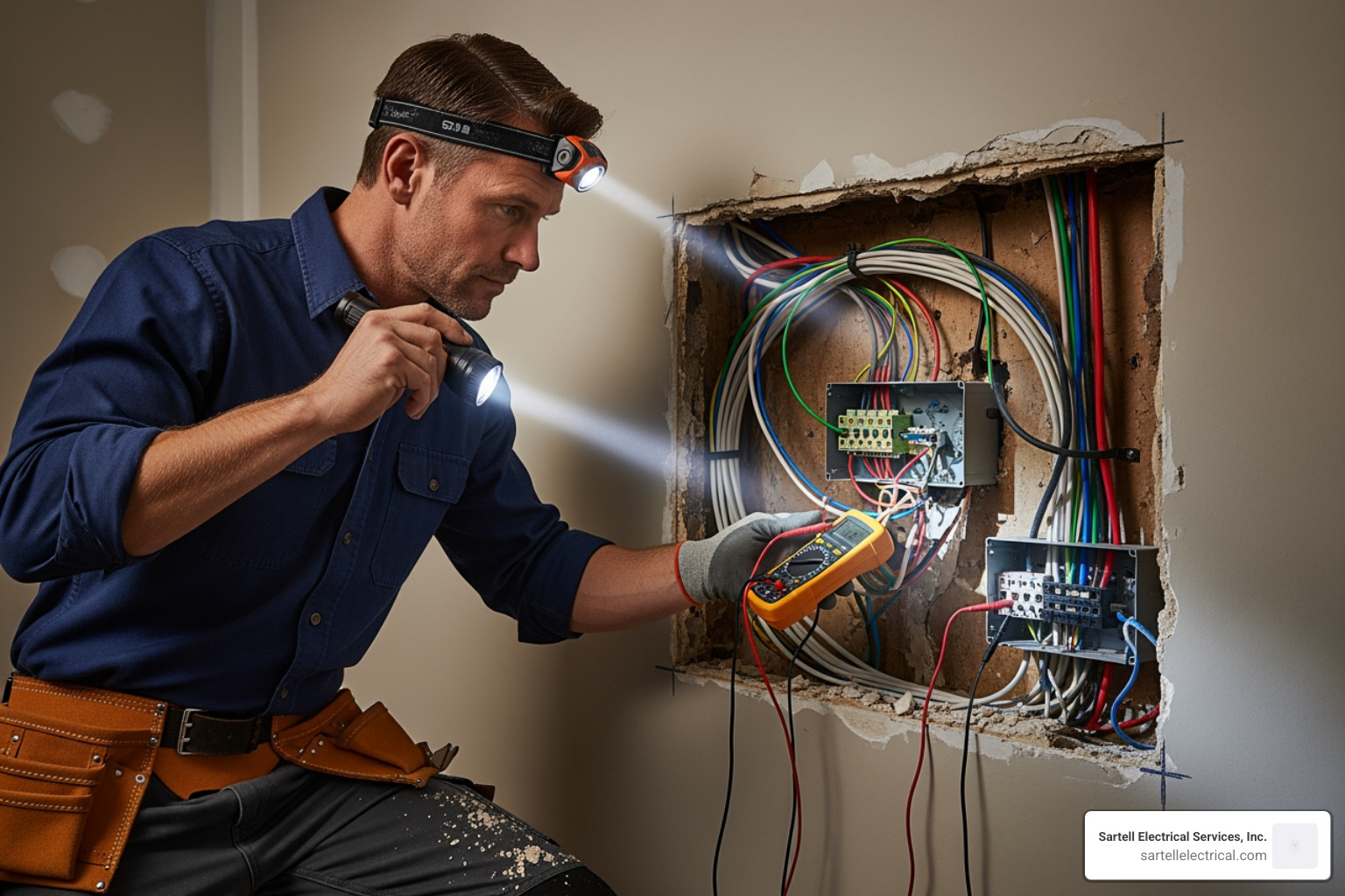 electrician assessing wiring behind a wall - fuse board replacement cost