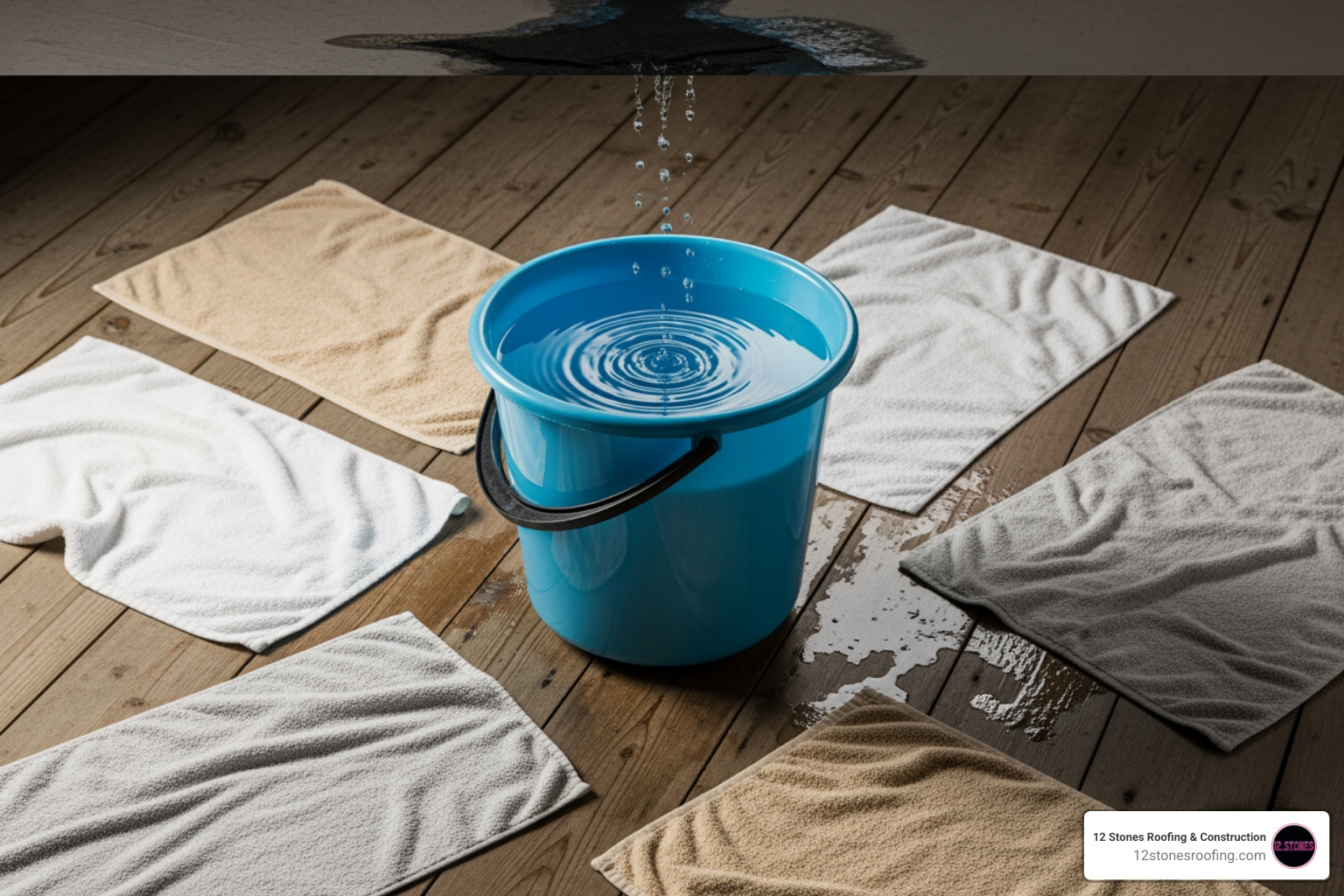 bucket catching water drips with towels on the floor - temporary ceiling leak fix bucket catching water drips with towels on the floor - temporary ceiling leak fix