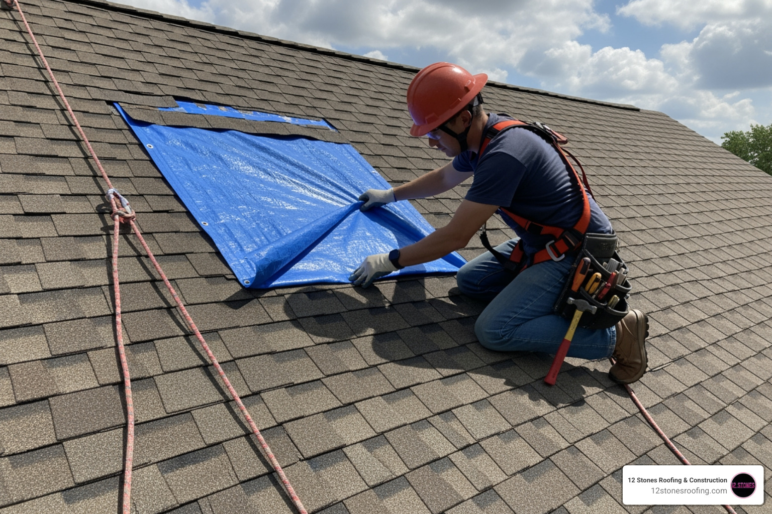 person safely applying a tarp to a small section of a roof - temporary ceiling leak fix person safely applying a tarp to a small section of a roof - temporary ceiling leak fix