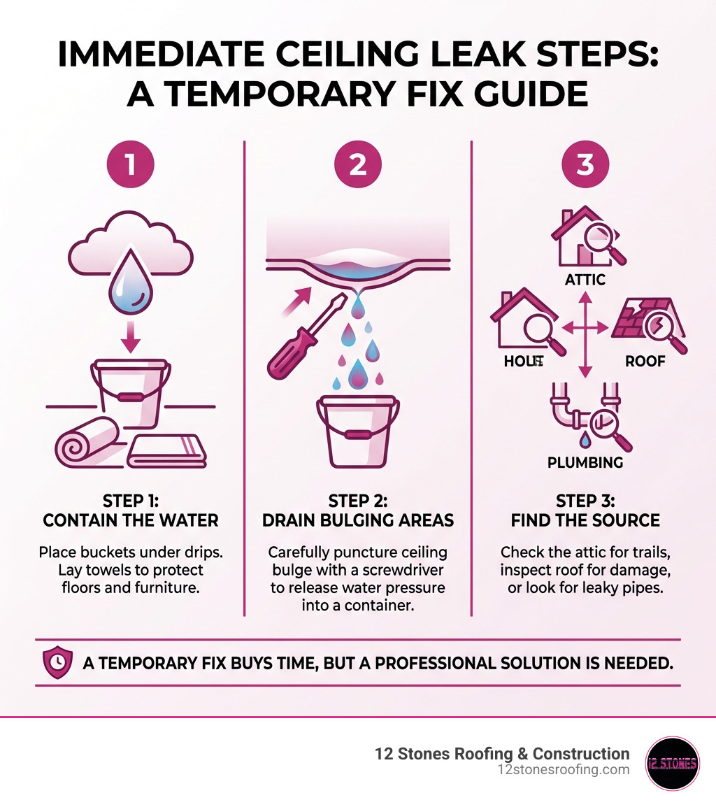 Infographic showing three immediate steps for a ceiling leak: Step 1 - Contain the water with buckets and towels; Step 2 - Drain any bulging ceiling areas carefully with a screwdriver; Step 3 - Find the source by checking the attic, roof, and plumbing - temporary ceiling leak fix infographic Infographic showing three immediate steps for a ceiling leak: Step 1 - Contain the water with buckets and towels; Step 2 - Drain any bulging ceiling areas carefully with a screwdriver; Step 3 - Find the source by checking the attic, roof, and plumbing - temporary ceiling leak fix infographic