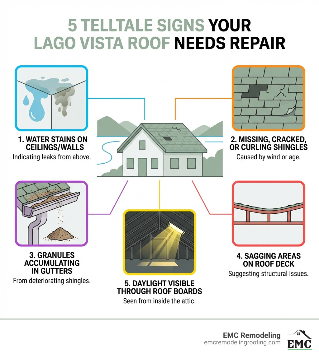 Infographic showing 5 telltale signs your Lago Vista roof needs repair: 1) Water stains on ceilings or walls indicating leaks, 2) Missing, cracked, or curling shingles from wind or age, 3) Granules accumulating in gutters from deteriorating shingles, 4) Sagging areas on the roof deck suggesting structural issues, 5) Daylight visible through roof boards in the attic - roof repair Lago Vista infographic Infographic showing 5 telltale signs your Lago Vista roof needs repair: 1) Water stains on ceilings or walls indicating leaks, 2) Missing, cracked, or curling shingles from wind or age, 3) Granules accumulating in gutters from deteriorating shingles, 4) Sagging areas on the roof deck suggesting structural issues, 5) Daylight visible through roof boards in the attic - roof repair Lago Vista infographic