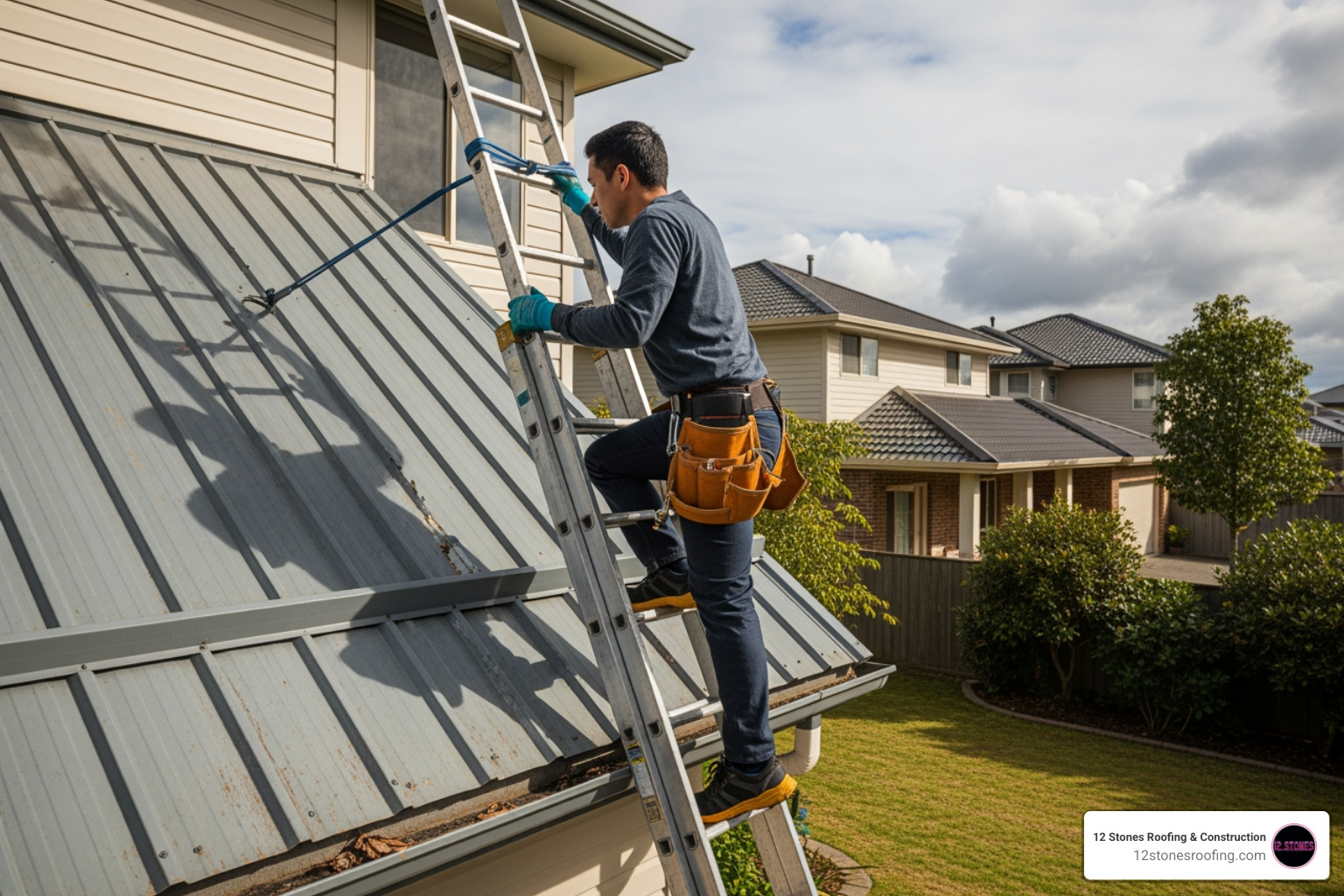 of a homeowner safely inspecting a metal roof - stop leaks on metal roof of a homeowner safely inspecting a metal roof - stop leaks on metal roof