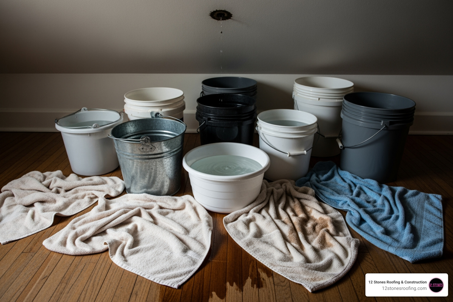 Buckets and towels placed to catch dripping water from a ceiling leak. - roof leak emergency service