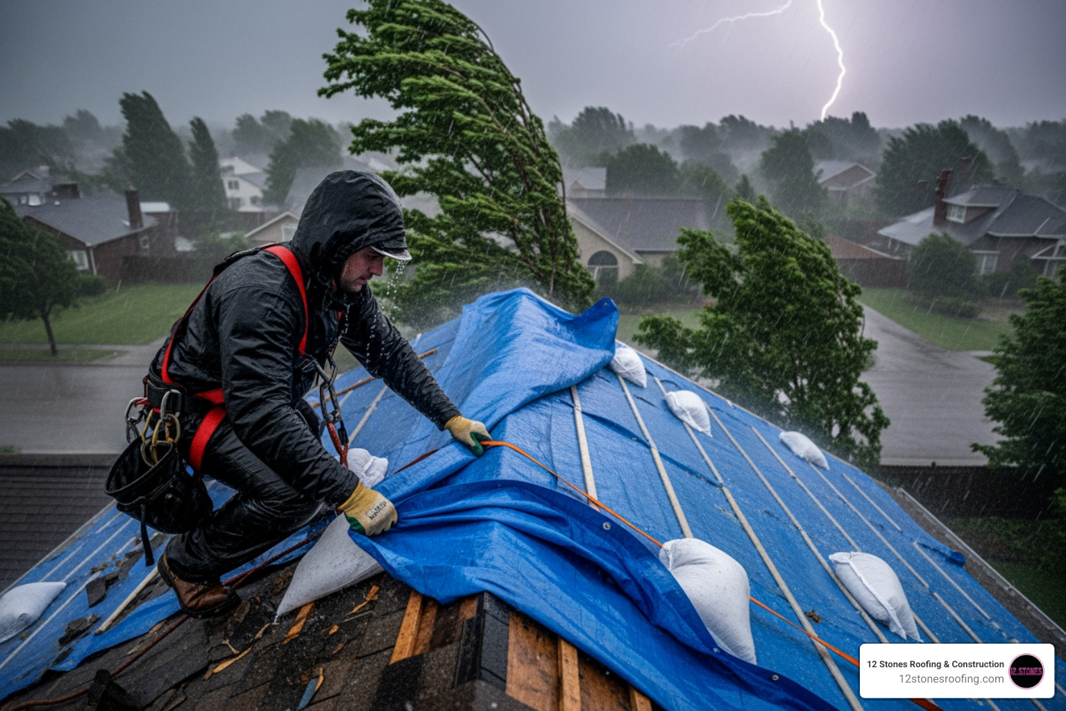 Roofer applying an emergency tarp to a damaged roof during a storm. - roof leak emergency service