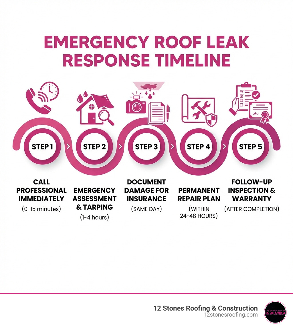 Infographic showing emergency roof leak response timeline: Step 1 - Call professional immediately (0-15 minutes), Step 2 - Emergency assessment and tarping (1-4 hours), Step 3 - Document damage for insurance (same day), Step 4 - Permanent repair plan (within 24-48 hours), Step 5 - Follow-up inspection and warranty (after completion) - roof leak emergency service infographic 