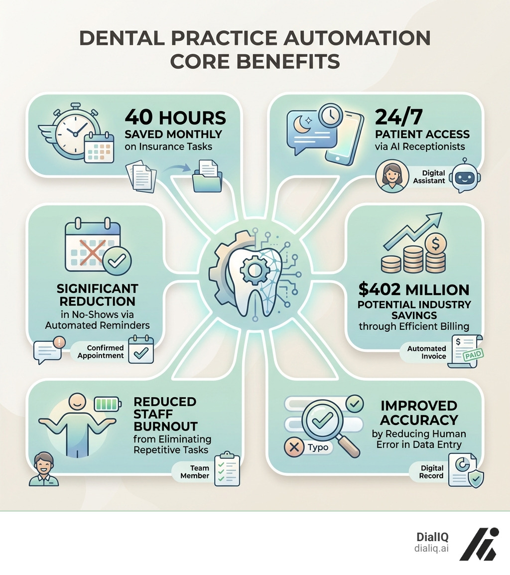 infographic showing the core benefits of dental practice automation: 40 hours saved monthly on insurance tasks, 24/7 patient access through AI receptionists, significant reduction in no-shows via automated reminders, $402 million potential industry savings through efficient billing, reduced staff burnout from eliminating repetitive tasks, and improved accuracy by reducing human error in data entry - Dental practice automation infographic infographic showing the core benefits of dental practice automation: 40 hours saved monthly on insurance tasks, 24/7 patient access through AI receptionists, significant reduction in no-shows via automated reminders, $402 million potential industry savings through efficient billing, reduced staff burnout from eliminating repetitive tasks, and improved accuracy by reducing human error in data entry - Dental practice automation infographic