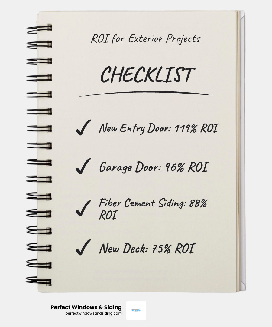 Infographic showing return on investment for popular exterior home remodel projects: fiber cement siding replacement (88% ROI), garage door replacement (96% ROI), new entry door (119% ROI), window replacement (70% ROI), new deck (75% ROI), and roof replacement (60% ROI), with average project costs and resale value recovery percentages for Chicagoland homeowners - exterior home remodel infographic checklist-notebook