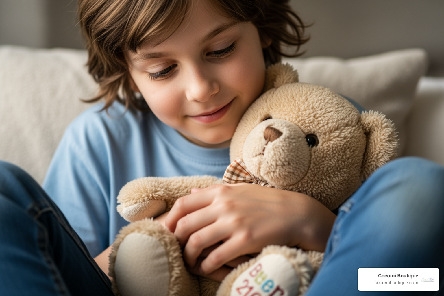 older child holding their well-loved birth teddy bear - birth teddy bears