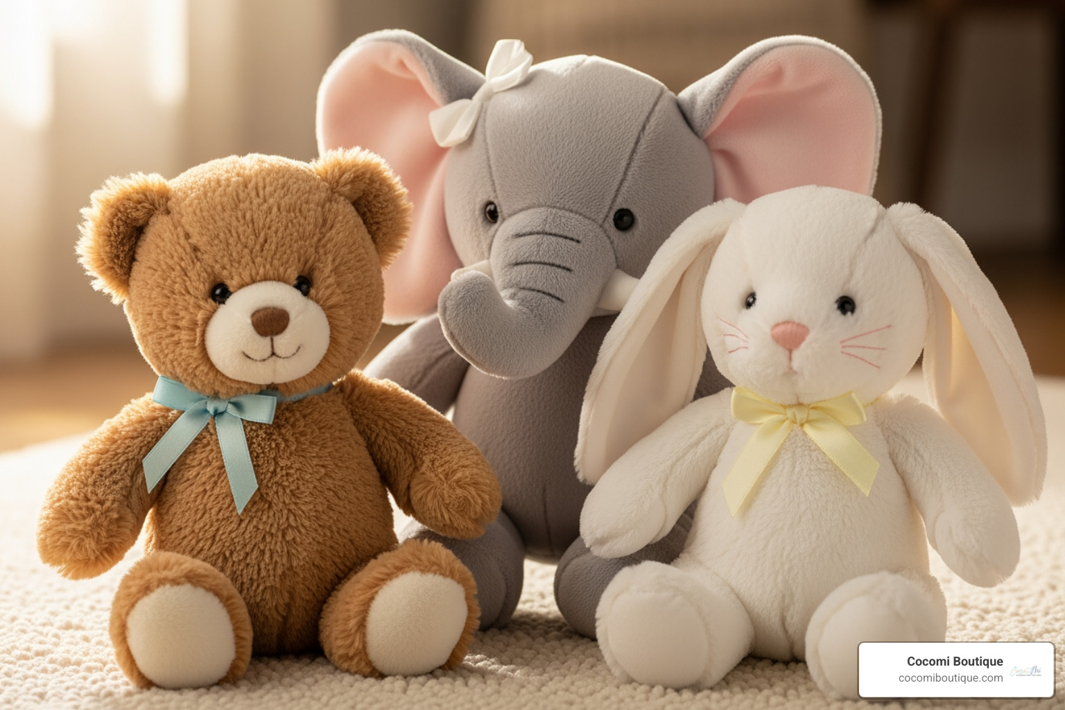 a variety of birth stuffed animals (bear, elephant, bunny) - birth teddy bears