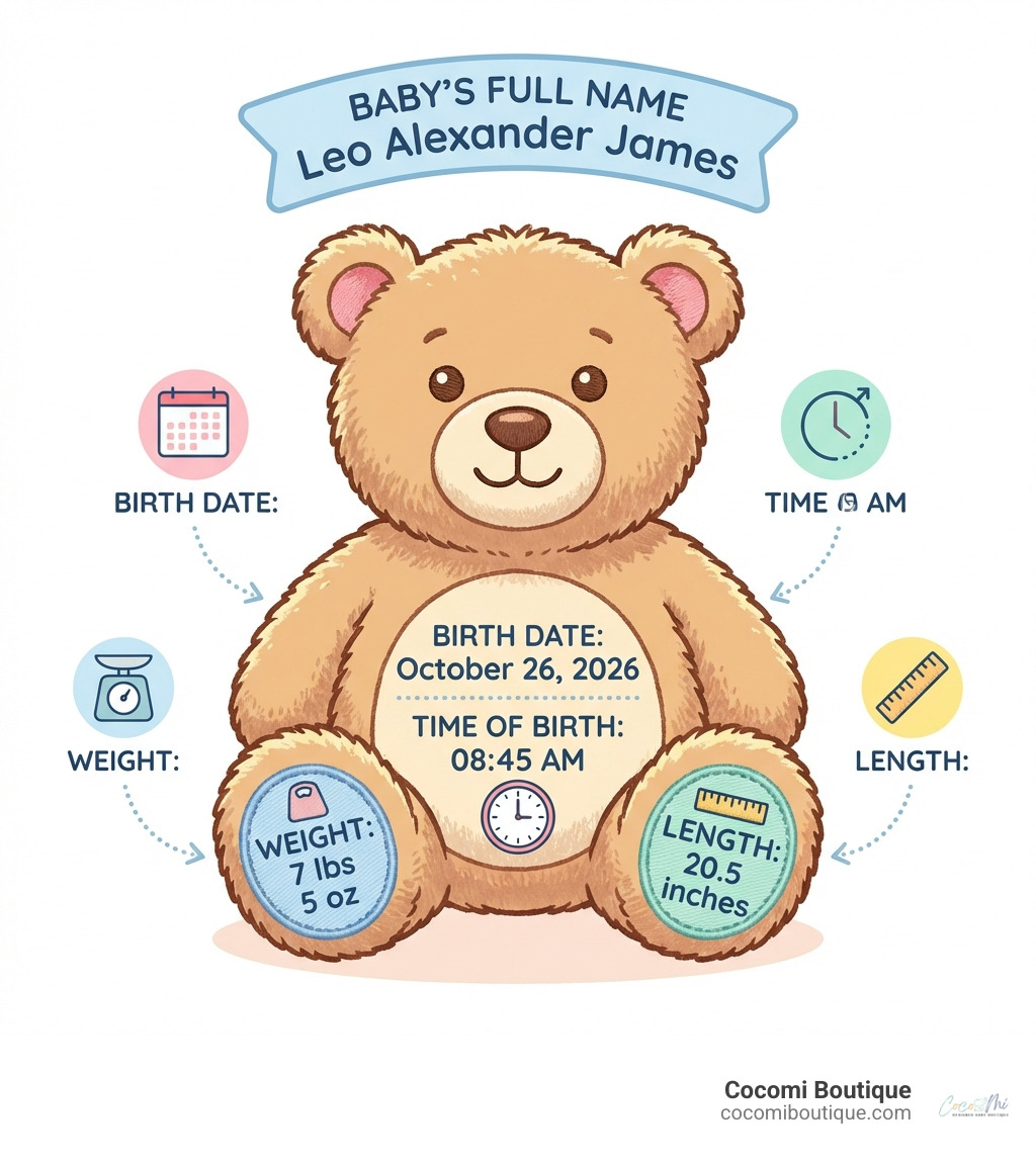 Infographic showing the five essential personalization details for birth teddy bears: Baby's full name at the top, birth date with month spelled out, exact time of birth in hours and minutes, birth weight in pounds and ounces, and birth length in inches, all typically embroidered on the bear's paw or belly - birth teddy bears infographic 