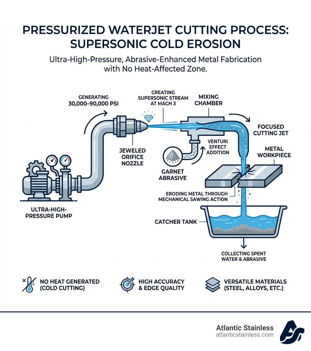 Detailed infographic showing the pressurized waterjet cutting process: ultra-high-pressure pump generating 30,000-90,000 PSI, water flowing through jeweled orifice nozzle creating supersonic stream at Mach 3, mixing chamber where garnet abrasive is added via Venturi effect, focused cutting jet eroding metal through mechanical sawing action, and catcher tank below collecting spent water and abrasive - pressurized water cutting metal infographic Detailed infographic showing the pressurized waterjet cutting process: ultra-high-pressure pump generating 30,000-90,000 PSI, water flowing through jeweled orifice nozzle creating supersonic stream at Mach 3, mixing chamber where garnet abrasive is added via Venturi effect, focused cutting jet eroding metal through mechanical sawing action, and catcher tank below collecting spent water and abrasive - pressurized water cutting metal infographic
