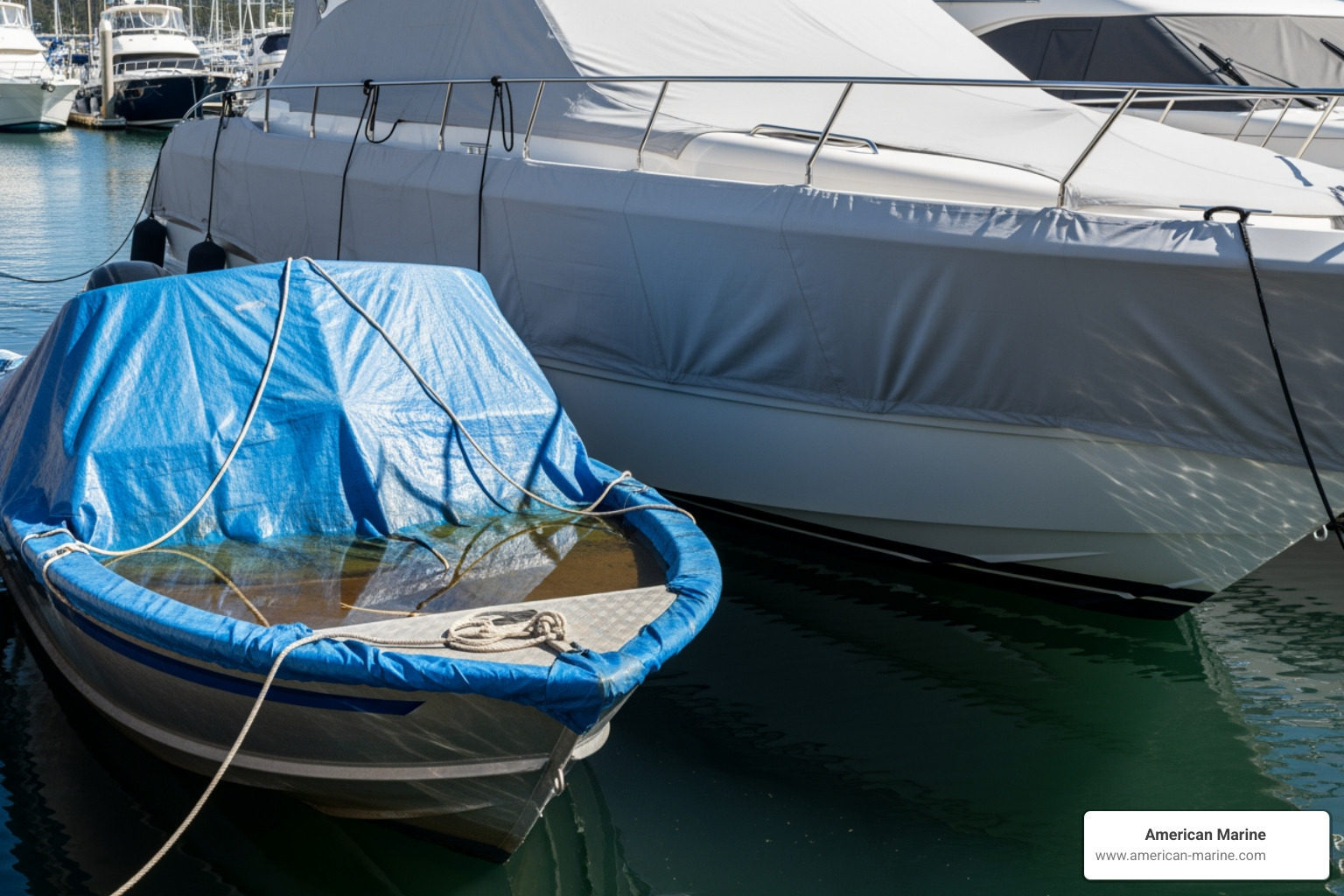 A poorly fitting, sagging universal cover on a small boat next to a taut, perfectly aligned custom cover on a large yacht - custom marine covers