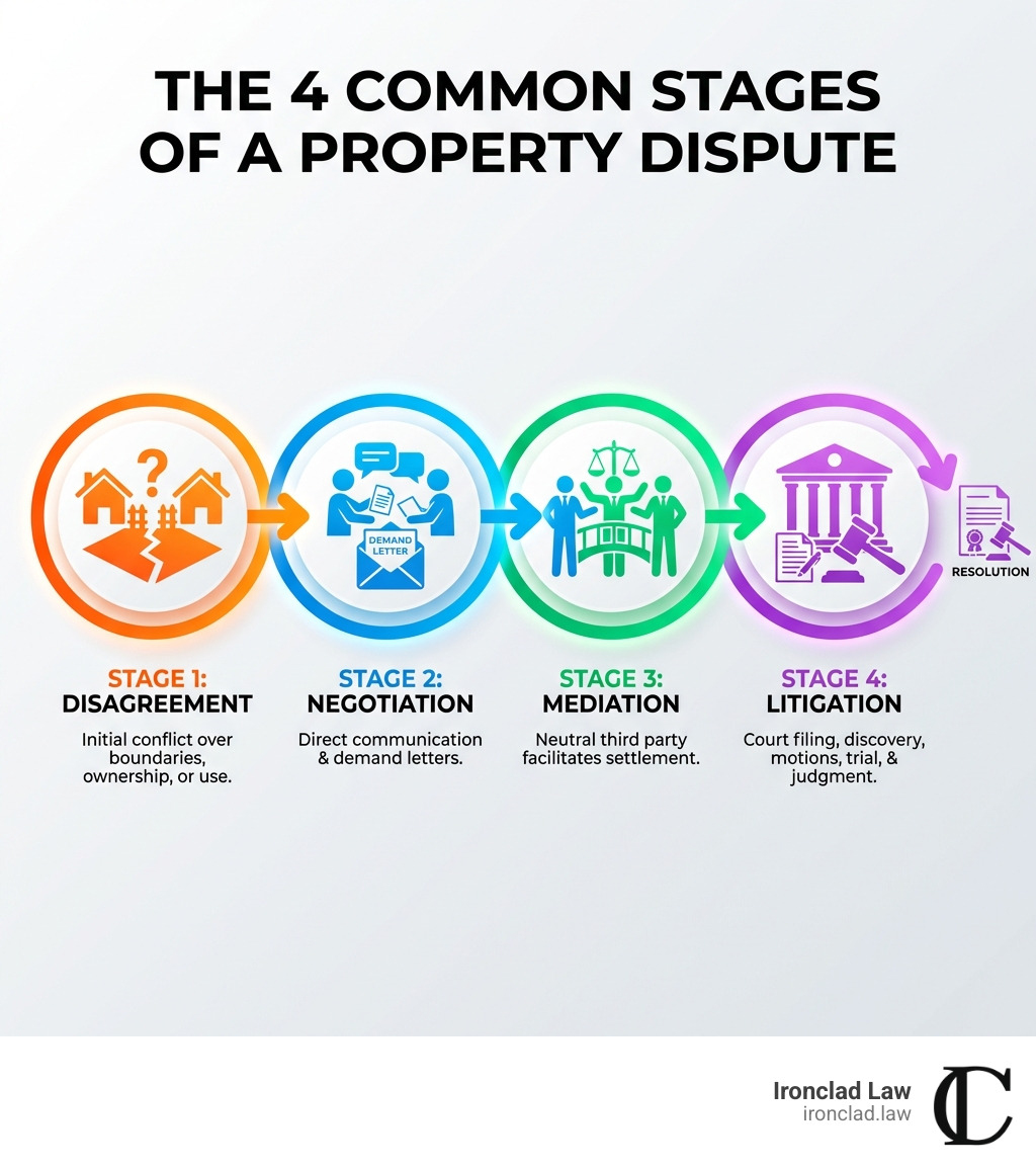 infographic showing the 4 common stages of a property dispute: Stage 1 Disagreement (initial conflict over boundaries, ownership, or use), Stage 2 Negotiation (direct communication and demand letters), Stage 3 Mediation (neutral third party facilitates settlement), Stage 4 Litigation (court filing, discovery, motions, trial, and judgment) - attorney for property disputes infographic infographic showing the 4 common stages of a property dispute: Stage 1 Disagreement (initial conflict over boundaries, ownership, or use), Stage 2 Negotiation (direct communication and demand letters), Stage 3 Mediation (neutral third party facilitates settlement), Stage 4 Litigation (court filing, discovery, motions, trial, and judgment) - attorney for property disputes infographic