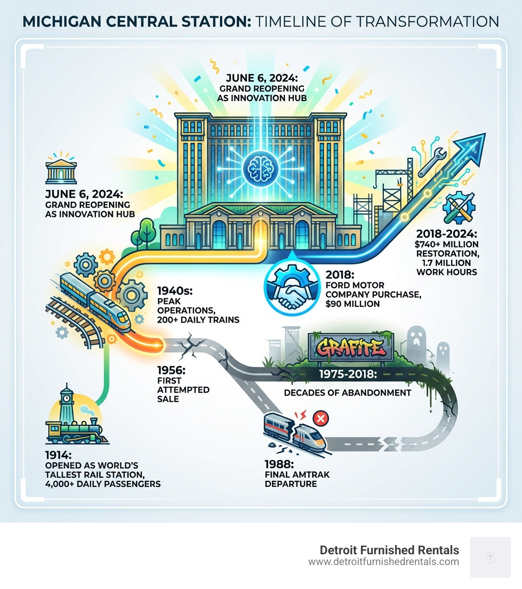 Infographic showing Michigan Central Station timeline: 1914 opened as world's tallest rail station serving 4,000+ daily passengers; 1940s peak operations with 200+ daily trains; 1956 first attempted sale; 1988 final Amtrak departure; 1975-2018 decades of abandonment; 2018 Ford Motor Company purchase for $90 million; 2018-2024 $740+ million restoration with 1.7 million work hours; June 6, 2024 grand reopening as innovation hub - Michigan Central station infographic 