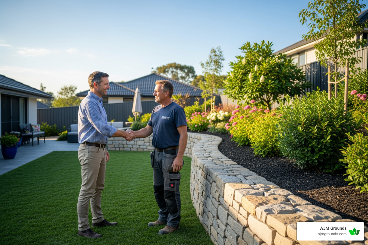 homeowner shaking hands with a professional stone wall contractor in front of a completed project - stone wall contractors