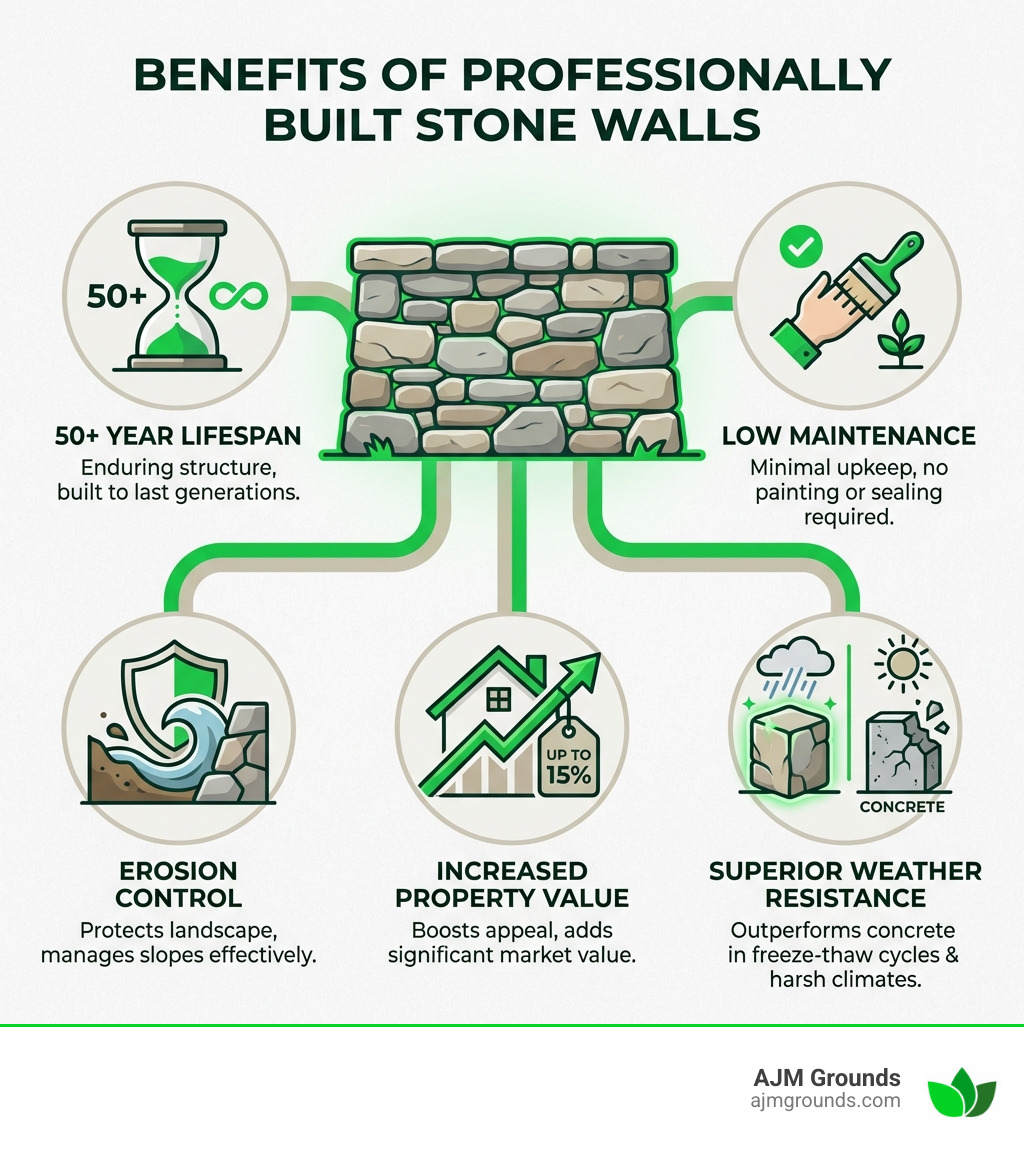 infographic showing benefits of professionally built stone walls including 50+ year lifespan, erosion control, increased property value up to 15%, low maintenance requirements, and superior weather resistance compared to concrete alternatives - stone wall contractors infographic 