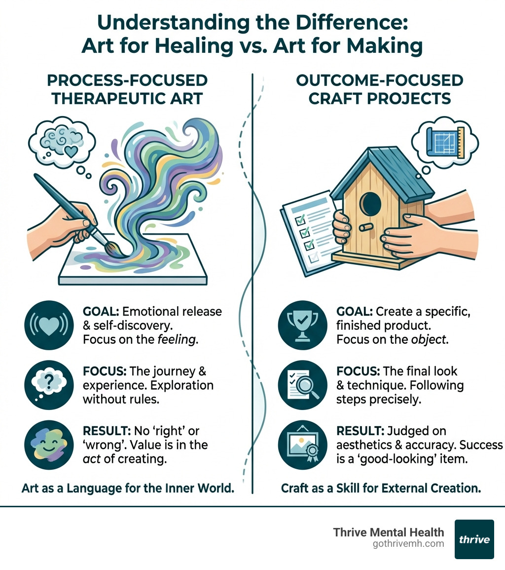 infographic explaining the difference between process-focused therapeutic art and outcome-focused craft projects - therapeutic art activities for kids infographic 