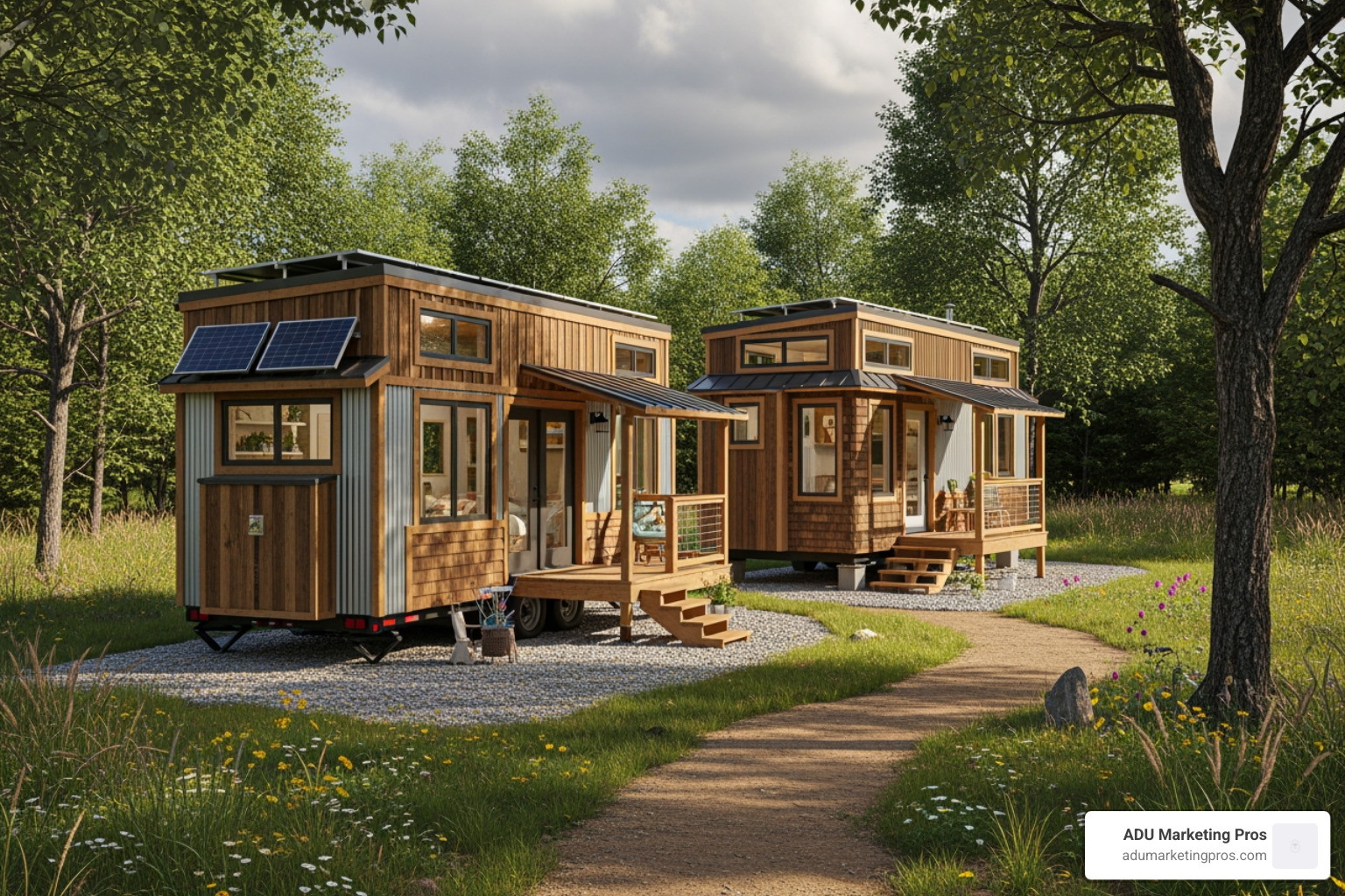 of a tiny house on wheels parked next to a similar tiny house on a permanent concrete pier foundation - Tiny home construction
