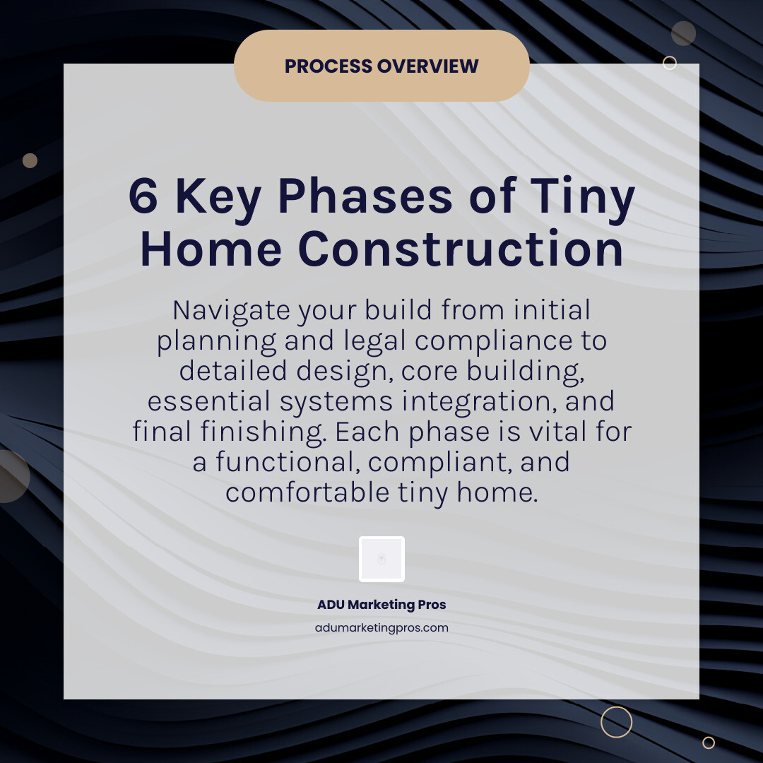 Infographic showing the 6 key phases of tiny home construction: Planning (choosing foundation type, budget, and timeline), Legal (researching codes, zoning, and obtaining permits), Design (creating floor plans, selecting materials, and maximizing space), Building (framing, exterior work, and structural assembly), Systems (installing electrical, plumbing, and HVAC), Finishing (interior trim, fixtures, and final inspections) - Tiny home construction infographic simple-info-card-dark