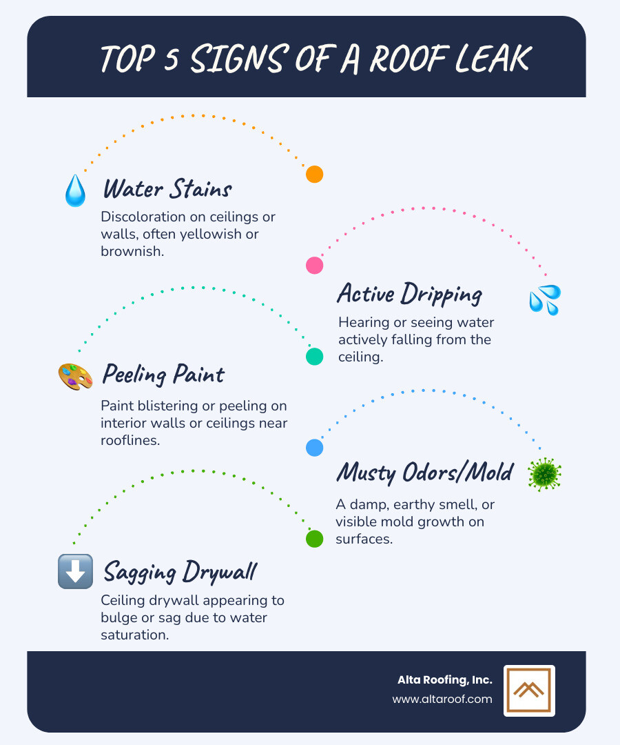 infographic showing the top 5 signs of a roof leak including water stains on ceilings, active dripping, peeling paint near rooflines, musty odors or visible mold, and sagging ceiling drywall with icons and brief descriptions for each sign - Leaking roof repair service infographic infographic-line-5-steps-blues-accent_colors infographic showing the top 5 signs of a roof leak including water stains on ceilings, active dripping, peeling paint near rooflines, musty odors or visible mold, and sagging ceiling drywall with icons and brief descriptions for each sign - Leaking roof repair service infographic infographic-line-5-steps-blues-accent_colors