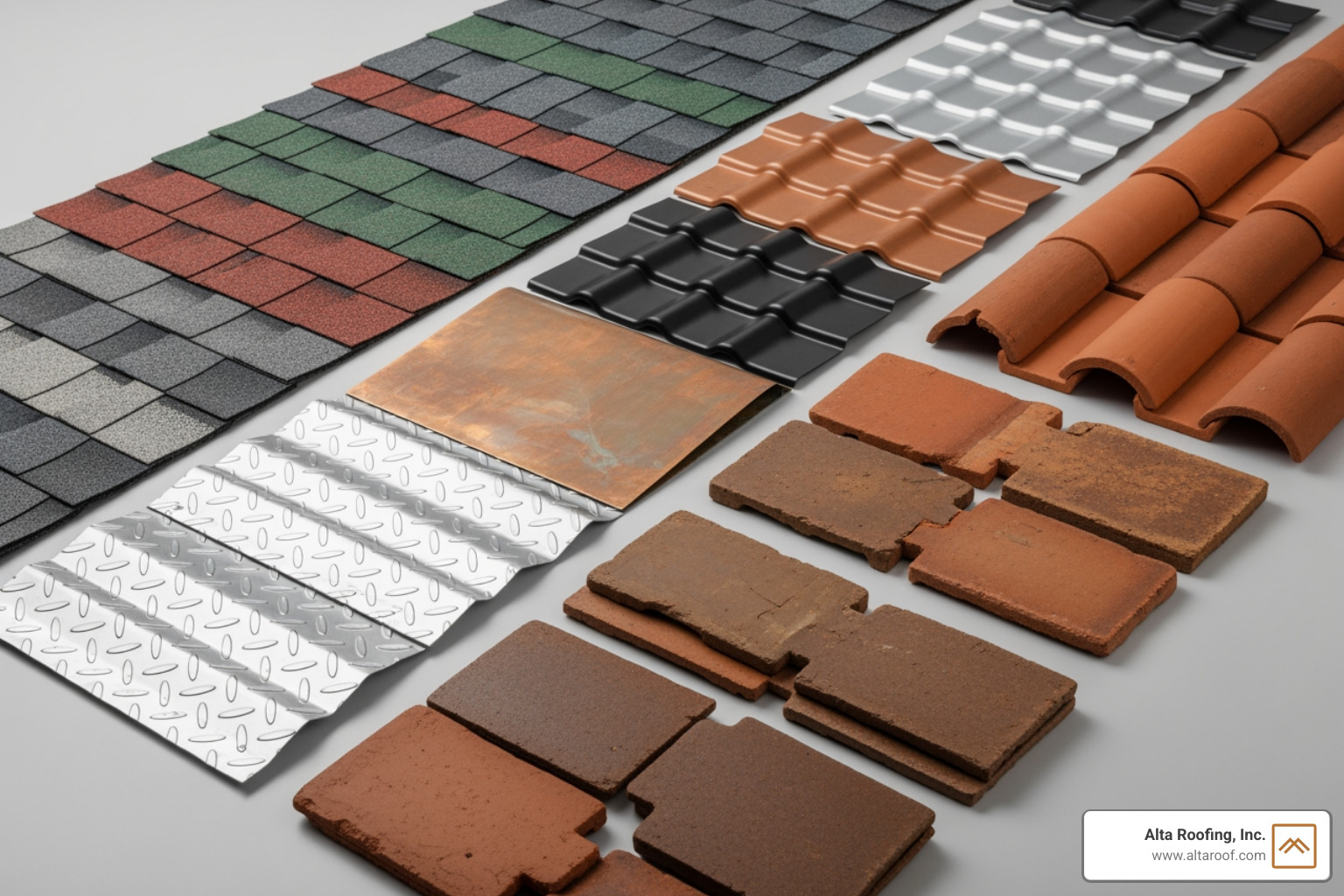 Different roofing material samples like asphalt, metal, and tile - roofers colorado