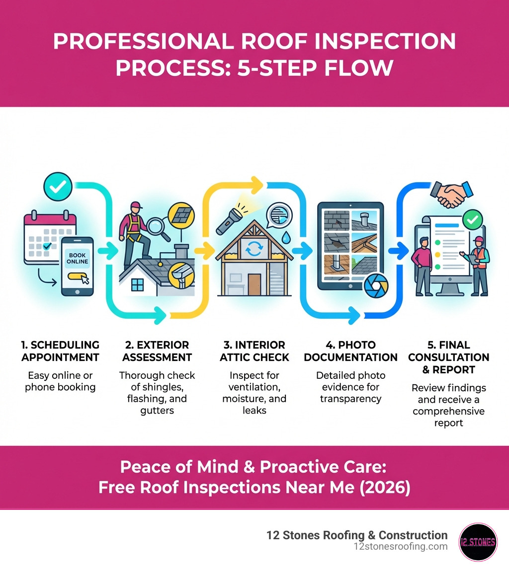 infographic showing the roof inspection process: scheduling appointment, exterior assessment of shingles and flashing, interior attic check for ventilation and leaks, photo documentation, and final consultation with report - free roof inspections near me infographic infographic showing the roof inspection process: scheduling appointment, exterior assessment of shingles and flashing, interior attic check for ventilation and leaks, photo documentation, and final consultation with report - free roof inspections near me infographic