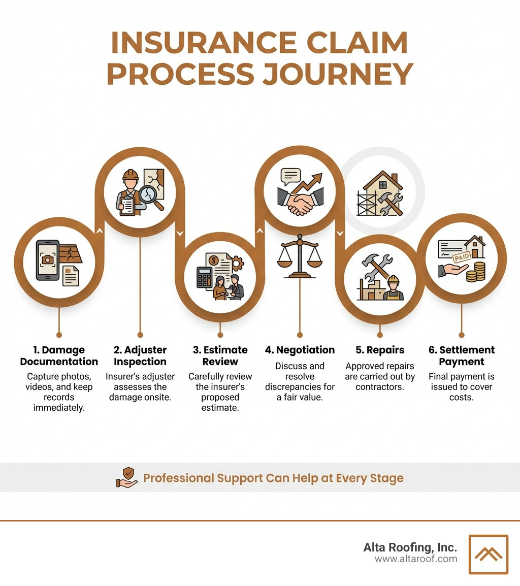 infographic showing 6 stages of insurance claim process from initial damage documentation through adjuster inspection, estimate review, negotiation, repairs, and final settlement payment - help with insurance claim infographic infographic showing 6 stages of insurance claim process from initial damage documentation through adjuster inspection, estimate review, negotiation, repairs, and final settlement payment - help with insurance claim infographic