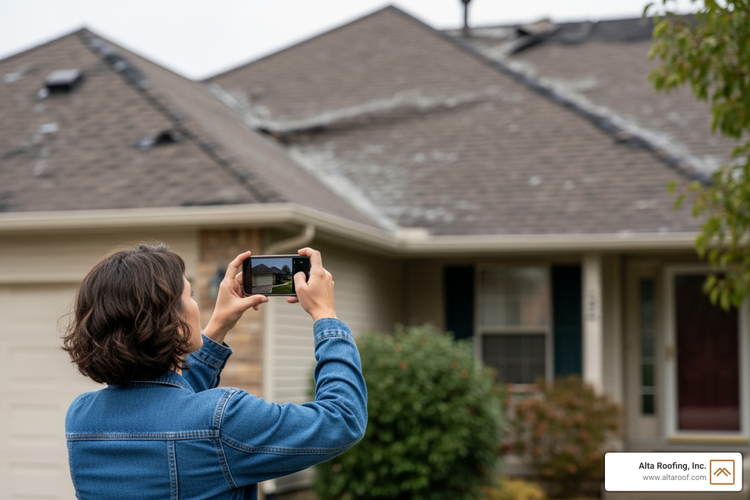 Homeowner taking photos of a damaged roof from the ground - hail damage insurance claim process