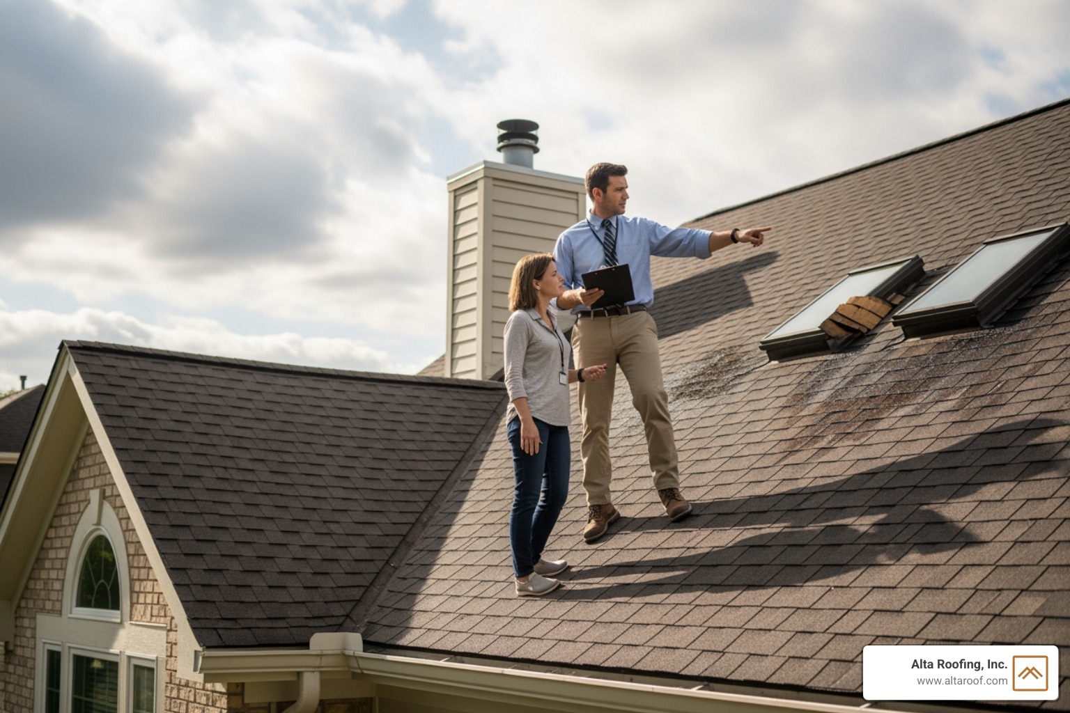 Insurance adjuster inspecting a roof with a homeowner - hail damage insurance claim process