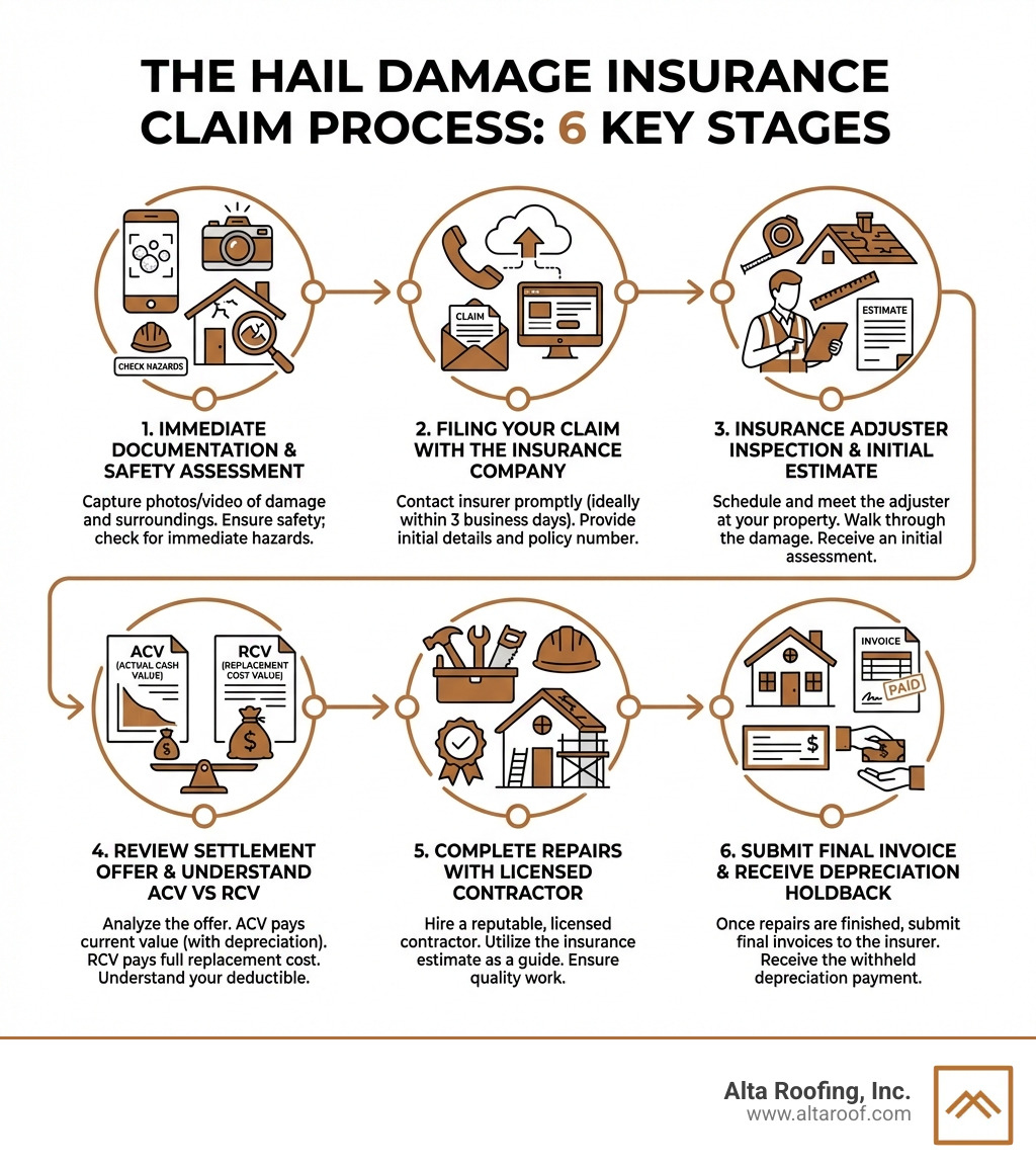 Infographic showing the 6 key stages of a hail damage insurance claim: 1. Immediate documentation and safety assessment, 2. Filing your claim with the insurance company, 3. Insurance adjuster inspection and initial estimate, 4. Review settlement offer and understand ACV vs RCV, 5. Complete repairs with licensed contractor, 6. Submit final invoice and receive depreciation holdback - hail damage insurance claim process infographic 