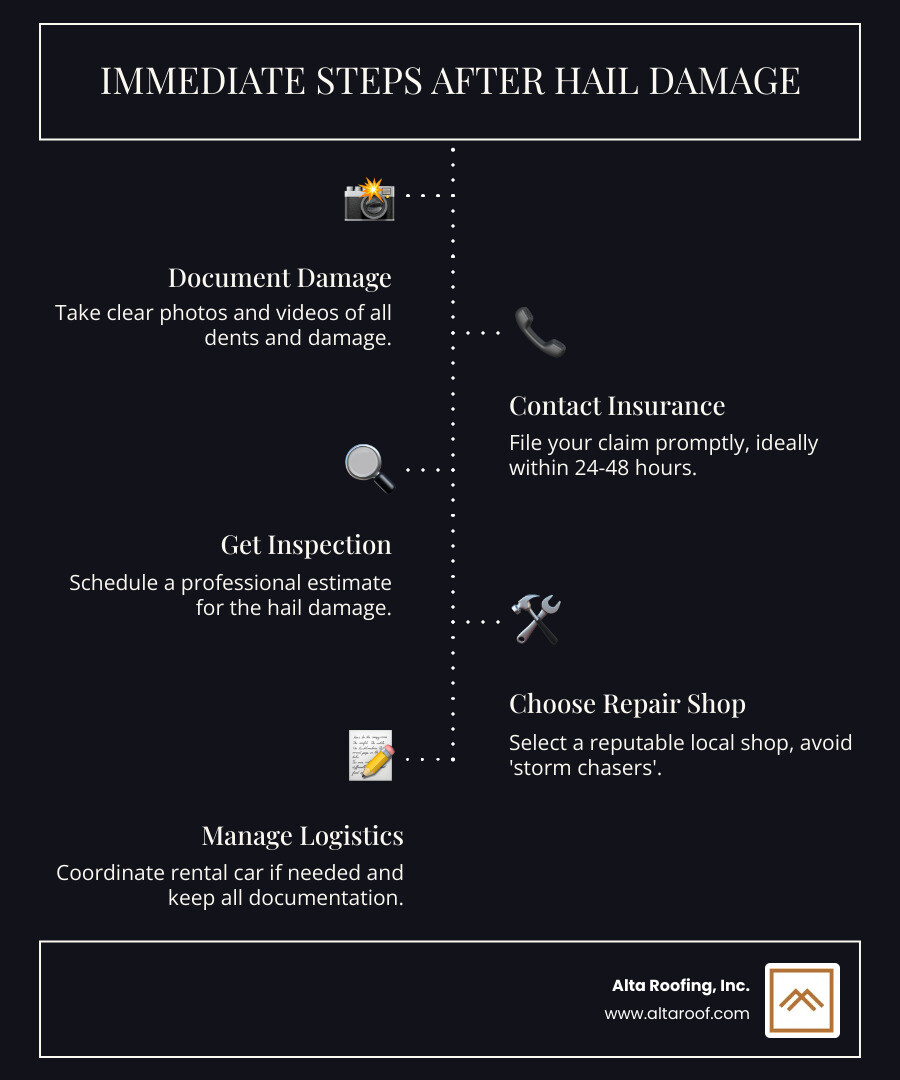 Infographic showing immediate steps after hail damage: 1. Document damage with photos and videos 2. Contact your insurance company within 24-48 hours 3. Schedule a professional inspection 4. Choose a reputable local repair shop 5. Coordinate rental car if needed 6. Keep all receipts and documentation 7. Avoid storm chasers and get written warranties - Colorado hail repair infographic infographic-line-5-steps-dark