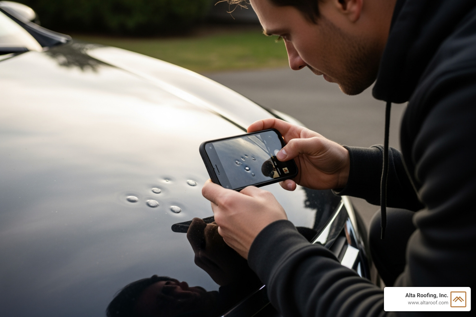 person taking photos of hail damage on their car's hood - Colorado hail repair