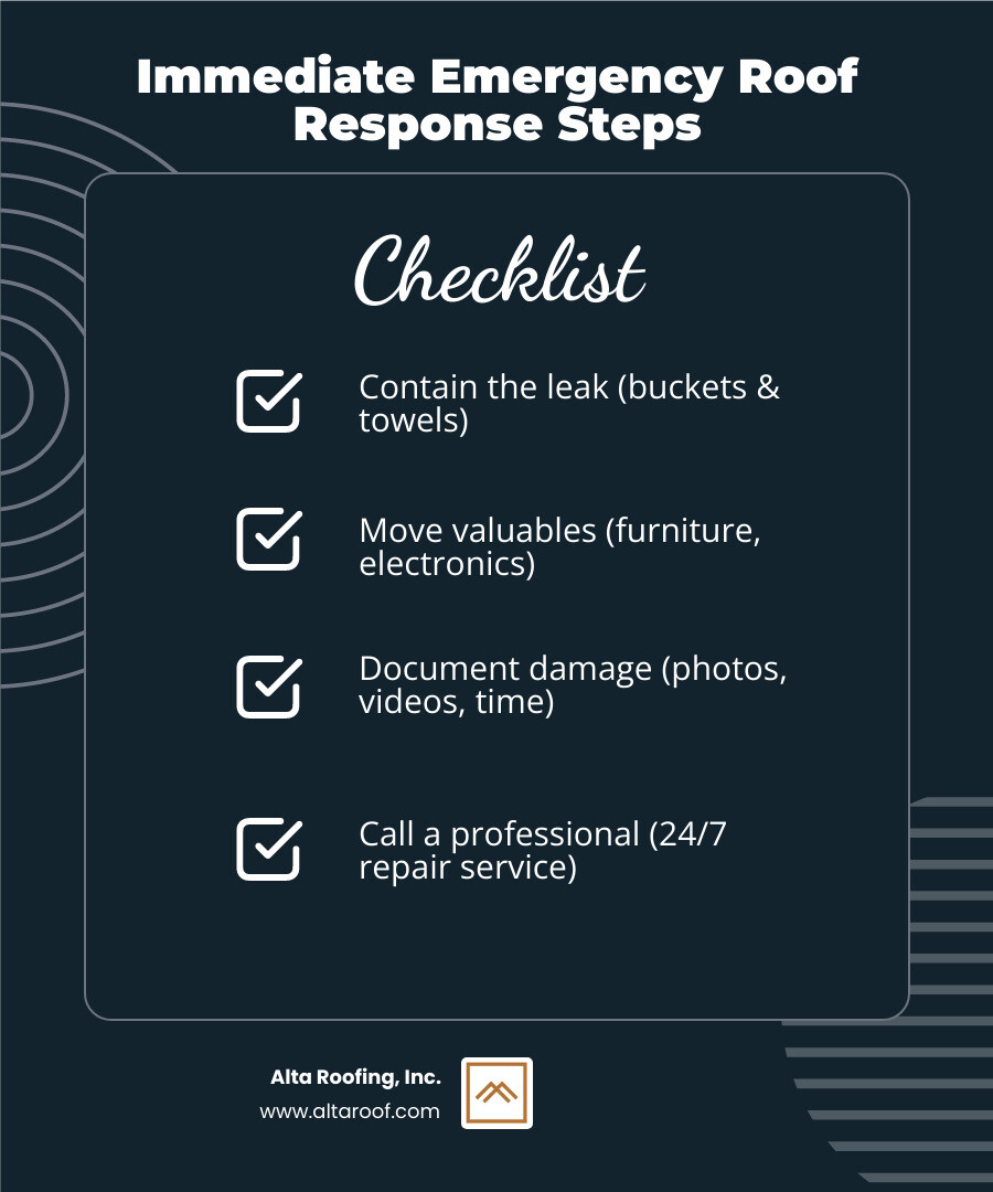 Infographic showing immediate emergency roof response steps: Step 1 - Contain the leak using buckets and towels to catch water; Step 2 - Move valuables and furniture away from affected areas; Step 3 - Document all damage with photos and videos, noting the time; Step 4 - Call a professional 24/7 roof repair service immediately for emergency response - 24/7 roof repair service infographic checklist-dark-blue Infographic showing immediate emergency roof response steps: Step 1 - Contain the leak using buckets and towels to catch water; Step 2 - Move valuables and furniture away from affected areas; Step 3 - Document all damage with photos and videos, noting the time; Step 4 - Call a professional 24/7 roof repair service immediately for emergency response - 24/7 roof repair service infographic checklist-dark-blue